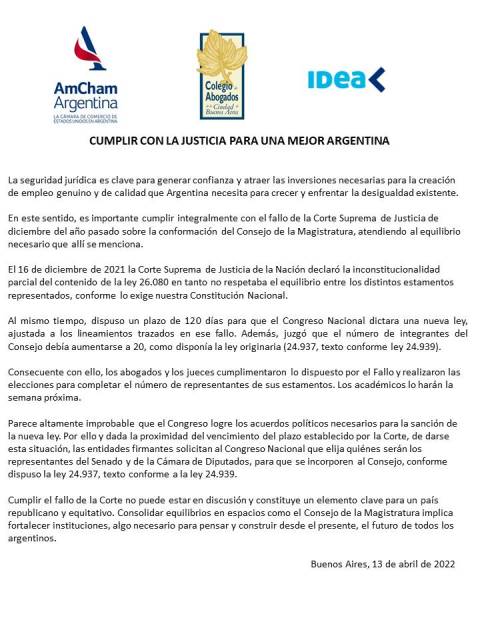 Declaración conjunta de AMCHAM, IDEA Y CACBA<br/>Cumplir con la justicia para una mejor Argentina 