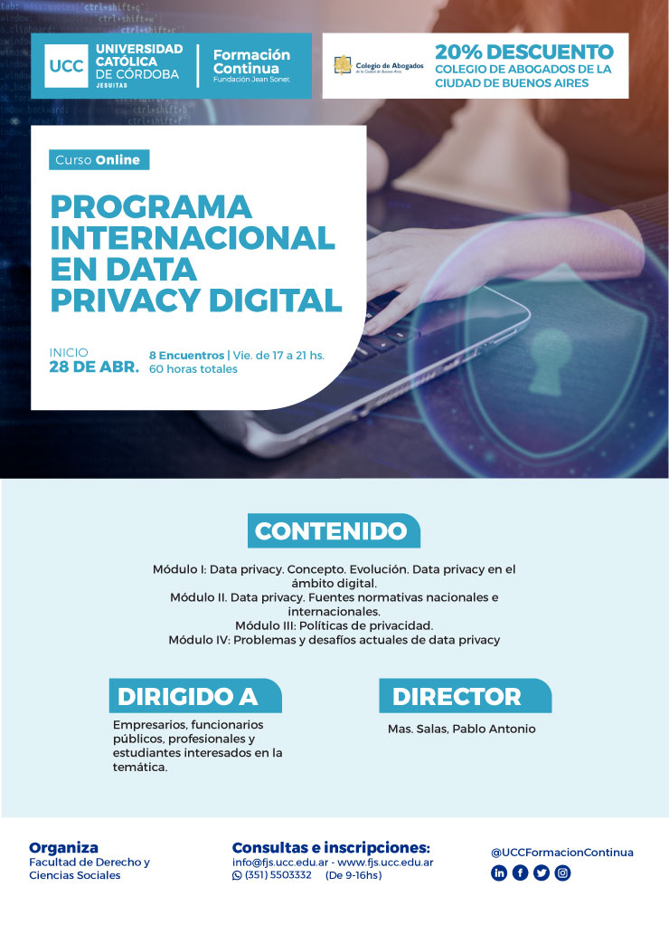 PROGRAMA INTERNACIONAL EN DATA PRIVACY DIGITAL. Universidad Católica de Córdoba. Inicio 28 de abril